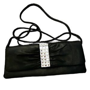 Cache Embellished Black Satin Evening Bag With Optional Shoulder Strap.